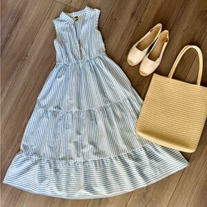 SHEIN Breezaya Striped Print Notched Neck A-Line Dress Blue White 4